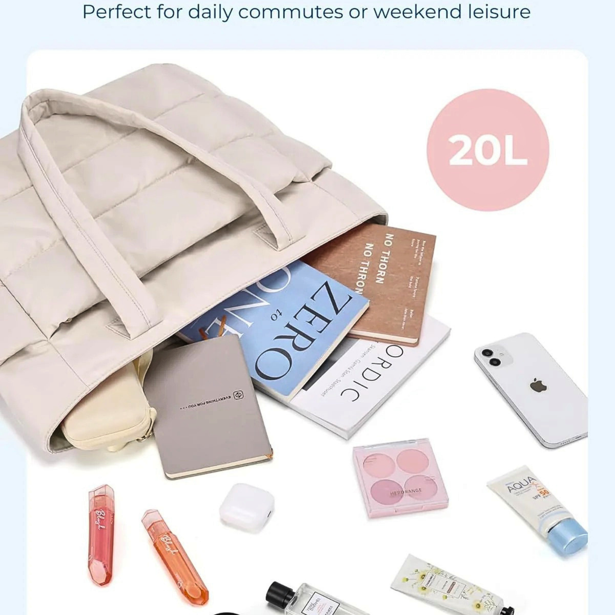BAGSMART Lightweight Puffer Tote Bag with Zipper