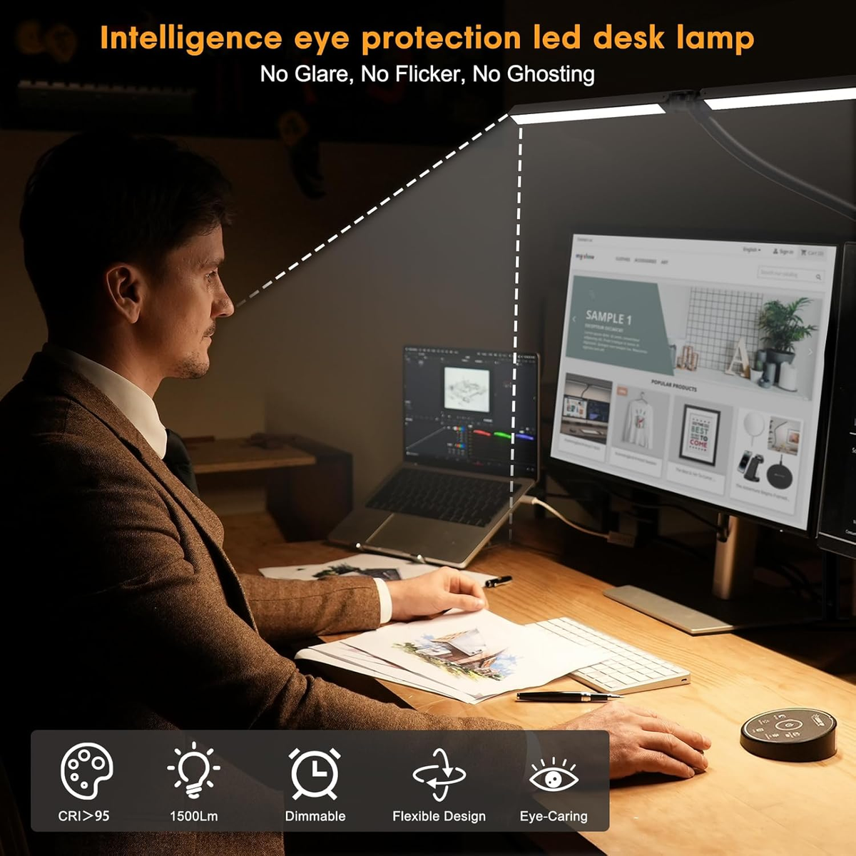 Led Desk Lamp for Office Home - Eye Caring Architect Lamp with Clamp,Dual Screen Computer Monitor Work Smart Light: 24W 5 Color Flexible Adjustable Lighting Table Lamp for Study Drafting