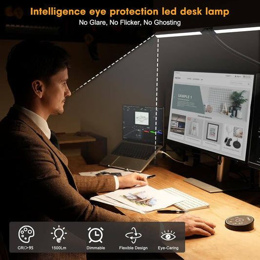Led Desk Lamp for Office Home - Eye Caring Architect Lamp with Clamp,Dual Screen Computer Monitor Work Smart Light: 24W 5 Color Flexible Adjustable Lighting Table Lamp for Study Drafting