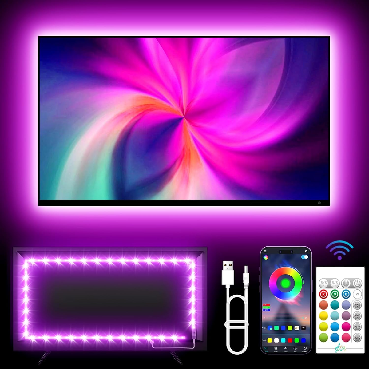 LED Lights for TV, 16.4Ft LED Lights for 45-75 Inch Tvs, RGB TV Backlight Behind, Music Sync Bluetooth APP & Remote Control Strip Lights USB Powered for Bedroom, Gaming, Home Décor
