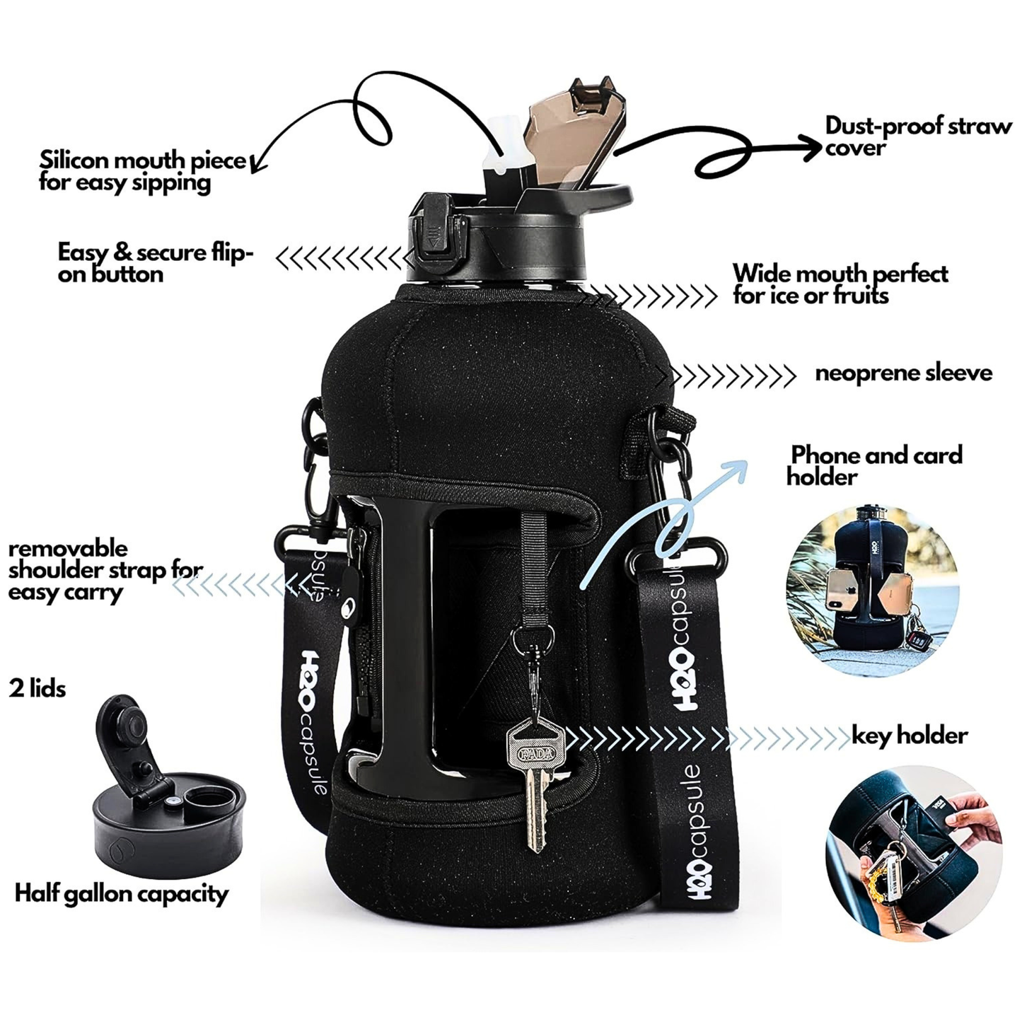Half Gallon Water Bottle with Storage Sleeve and Straw