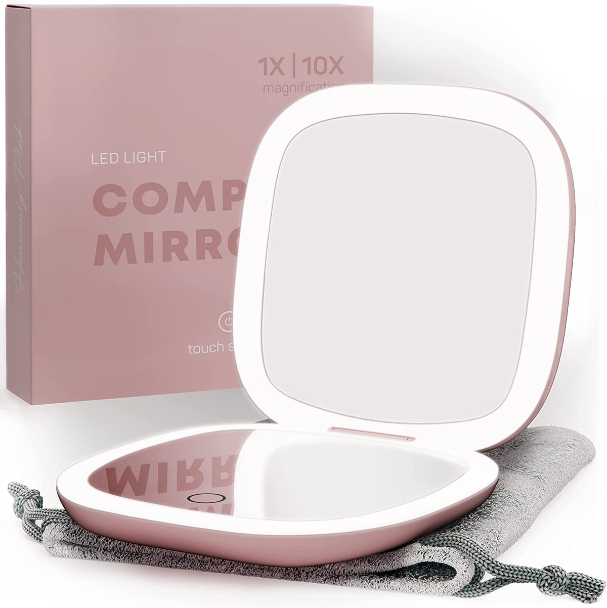 LED Lighted Travel Makeup Mirror | 1X/10X Magnification | Rechargeable USB-C | Pocket & Purse Portable Lighted Travel Makeup Compact Mirror, Touch Sensor (Heavenly Pink)