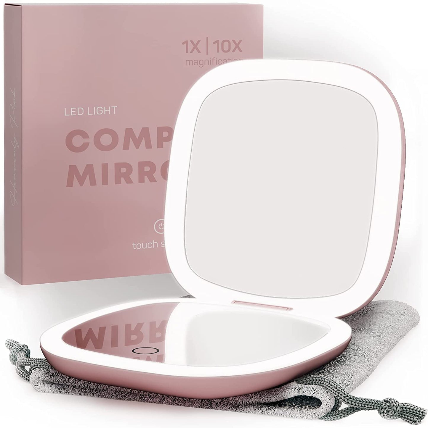 LED Lighted Travel Makeup Mirror | 1X/10X Magnification | Rechargeable USB-C | Pocket & Purse Portable Lighted Travel Makeup Compact Mirror, Touch Sensor (Heavenly Pink)