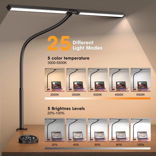 Led Desk Lamp for Office Home - Eye Caring Architect Lamp with Clamp,Dual Screen Computer Monitor Work Smart Light: 24W 5 Color Flexible Adjustable Lighting Table Lamp for Study Drafting