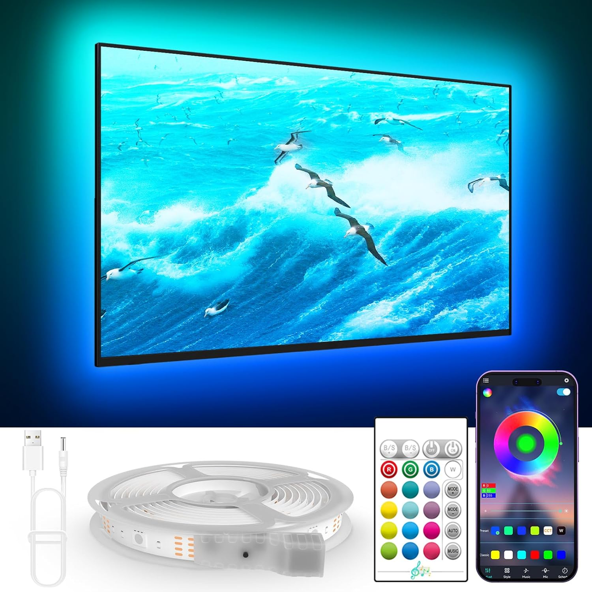 LED Lights for TV, 16.4Ft LED Lights for 45-75 Inch Tvs, RGB TV Backlight Behind, Music Sync Bluetooth APP & Remote Control Strip Lights USB Powered for Bedroom, Gaming, Home Décor