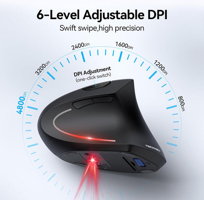 Ergonomic Mouse, Wireless Bluetooth Vertical Mouse, 4800 DPI Optical Tracking, 6 Adjustable DPI, Quiet Clicks, 2.4Ghz with USB a Receiver, 12 Months Battery, 6 Buttons, Wide Compatibility