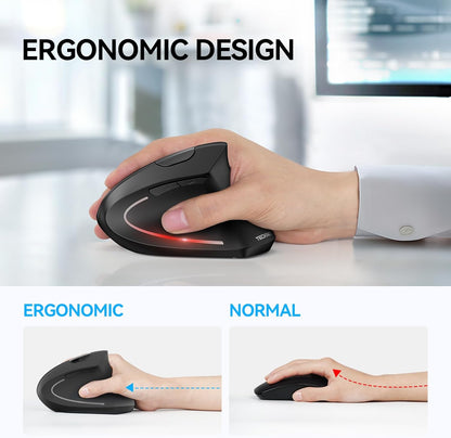 Ergonomic Mouse, Wireless Bluetooth Vertical Mouse, 4800 DPI Optical Tracking, 6 Adjustable DPI, Quiet Clicks, 2.4Ghz with USB a Receiver, 12 Months Battery, 6 Buttons, Wide Compatibility