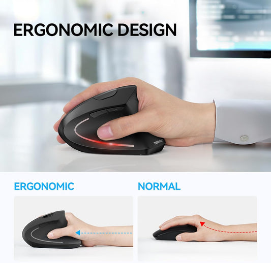 Ergonomic Mouse, Wireless Bluetooth Vertical Mouse, 4800 DPI Optical Tracking, 6 Adjustable DPI, Quiet Clicks, 2.4Ghz with USB a Receiver, 12 Months Battery, 6 Buttons, Wide Compatibility