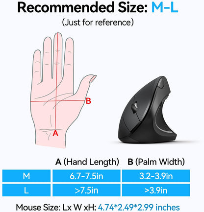 Ergonomic Mouse, Wireless Bluetooth Vertical Mouse, 4800 DPI Optical Tracking, 6 Adjustable DPI, Quiet Clicks, 2.4Ghz with USB a Receiver, 12 Months Battery, 6 Buttons, Wide Compatibility