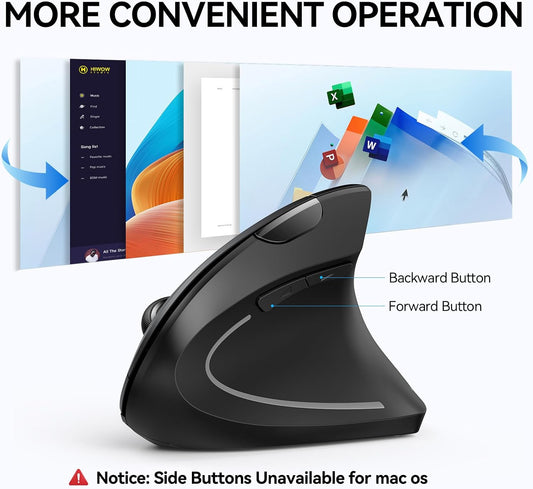 Ergonomic Mouse, Wireless Bluetooth Vertical Mouse, 4800 DPI Optical Tracking, 6 Adjustable DPI, Quiet Clicks, 2.4Ghz with USB a Receiver, 12 Months Battery, 6 Buttons, Wide Compatibility