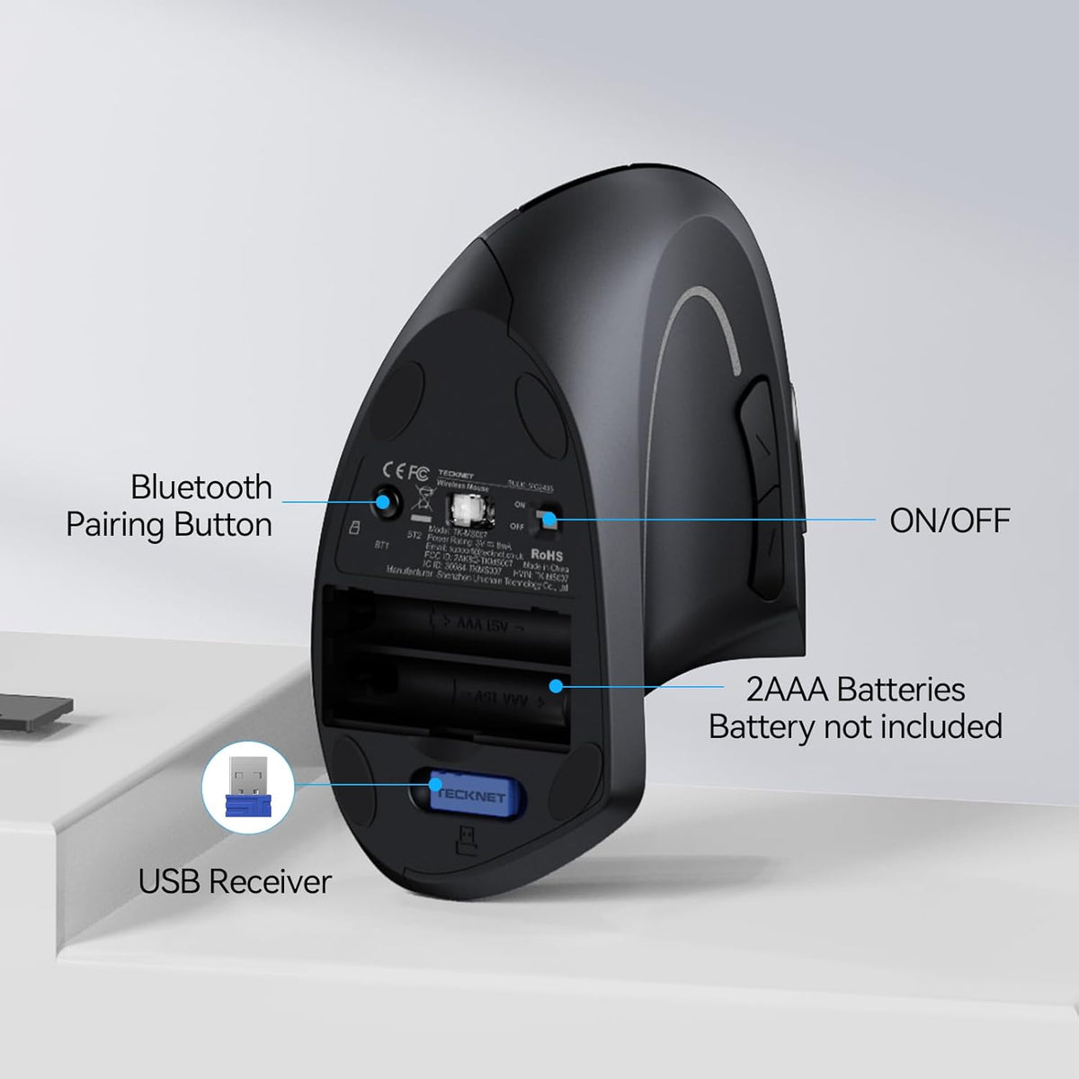 Ergonomic Mouse, Wireless Bluetooth Vertical Mouse, 4800 DPI Optical Tracking, 6 Adjustable DPI, Quiet Clicks, 2.4Ghz with USB a Receiver, 12 Months Battery, 6 Buttons, Wide Compatibility
