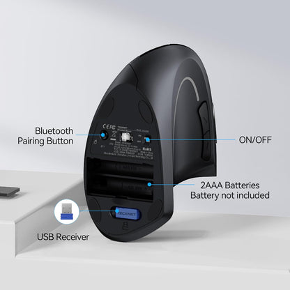 Ergonomic Mouse, Wireless Bluetooth Vertical Mouse, 4800 DPI Optical Tracking, 6 Adjustable DPI, Quiet Clicks, 2.4Ghz with USB a Receiver, 12 Months Battery, 6 Buttons, Wide Compatibility