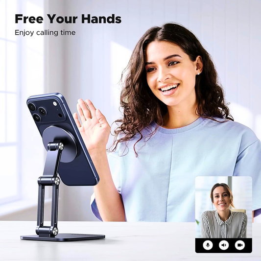 Woman using a phone with a stand, smiling, with text 'Free Your Hands' and 'Enjoy calling time'.