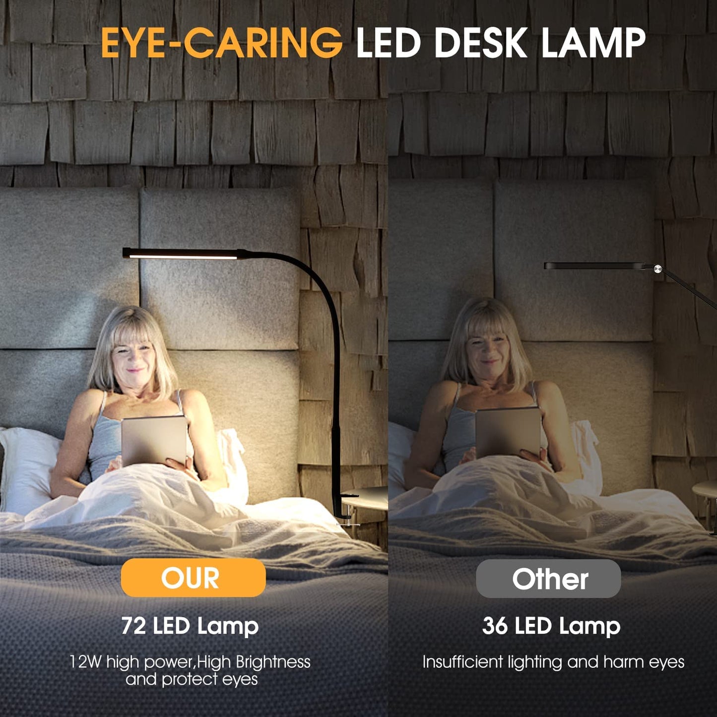LED Desk Lamp with Clamp, Eye-Caring Clip on Lights for Home Office, 3 Modes 10 Brightness, Long Flexible Goose-Neck, Metal, Swing Arm Architect Task Table Lamps with USB Adapter, Black