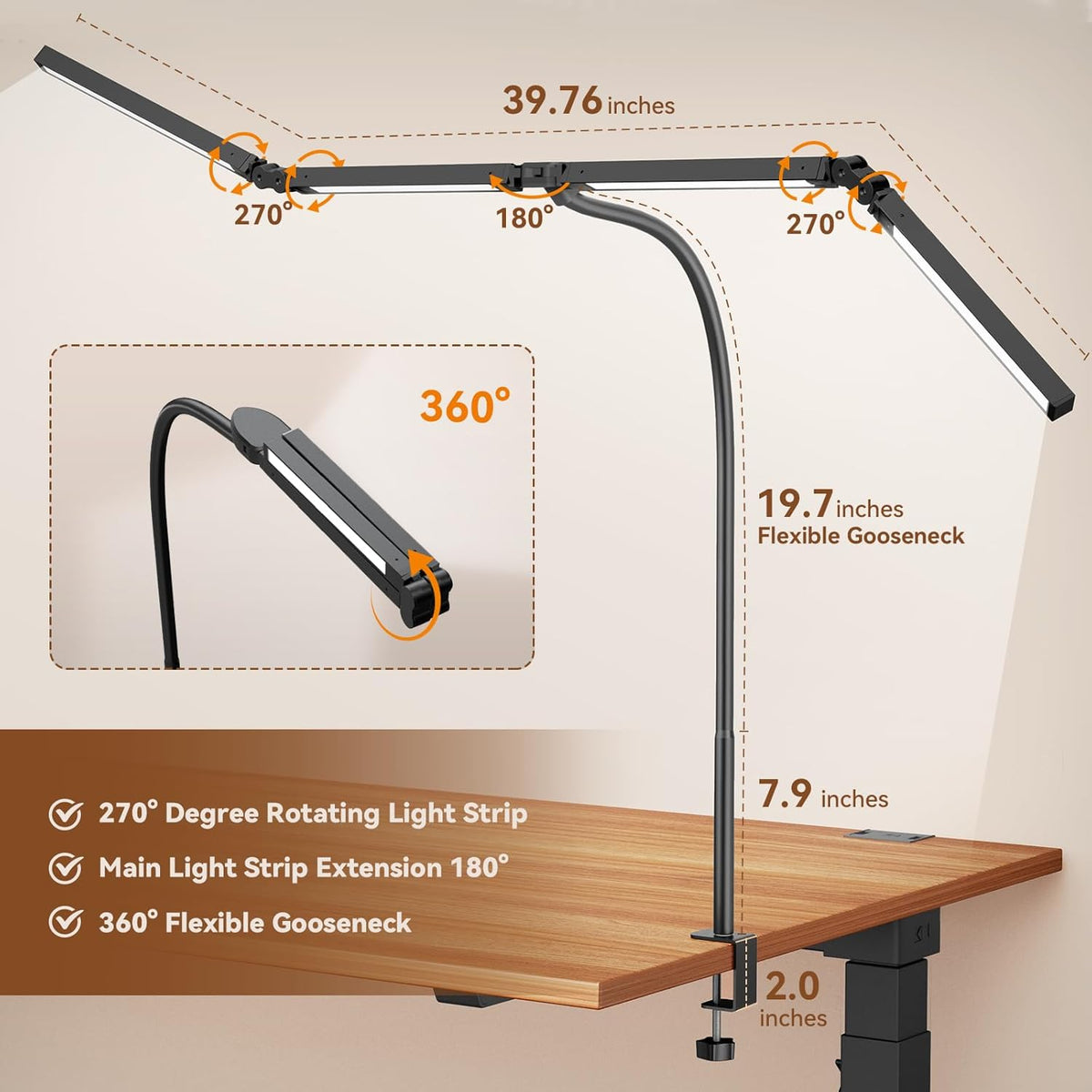 LED Desk Lamp with Clamp, Adjustable Swing Arm, 5 Color Temperatures, Wireless Remote — for Office, Study, Drafting