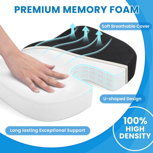 Office/ Car Seat Cushion, Non-Slip Sciatica & Back Coccyx Tailbone Pain Relief Chair Pad, Memory Foam Butt Pillow for Computer Desk, Wheelchair, Driving (Black)