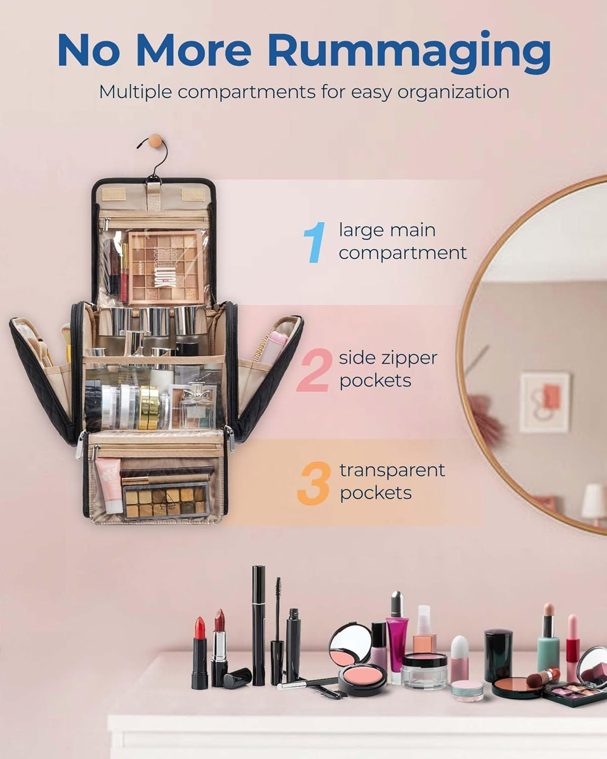 Makeup Bag for Women with Hanging Hook - Portable Cosmetic Case, Large Capacity Door Room Essentials Travel Organizer for Full Sized Cosmetics and Toiletries, Black