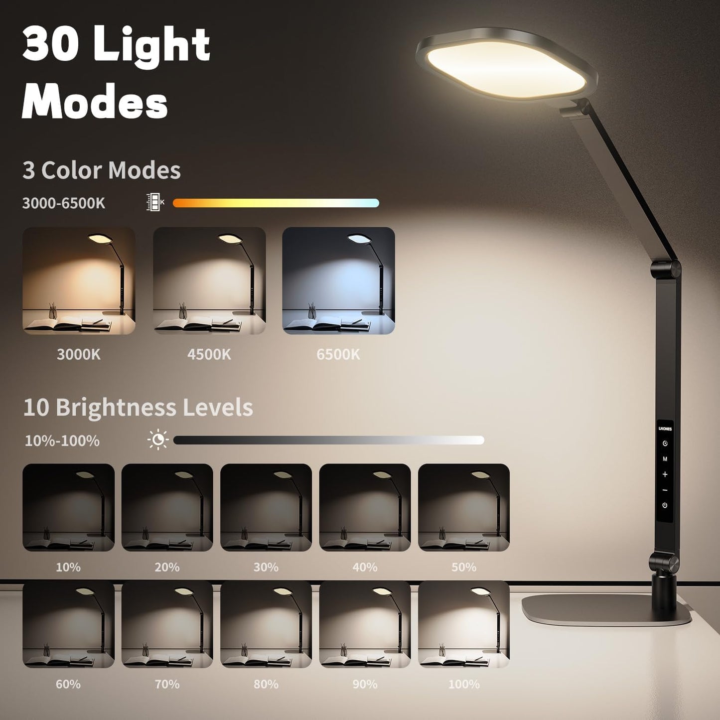 LitONES Adjustable LED Desk Lamp — Metal Swing Arm, Dimmable, Multi-Color Temperature