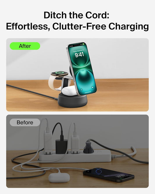 Magsafe Charger Compatible, 3-In-1 Charging Station, Qi2.2 25W W/Cooling Fan (On/Off Control) Magnetic Wireless Charger for Iphone 17, Apple Watch, Airpods, Pixel 10 (45W Adapter Included)