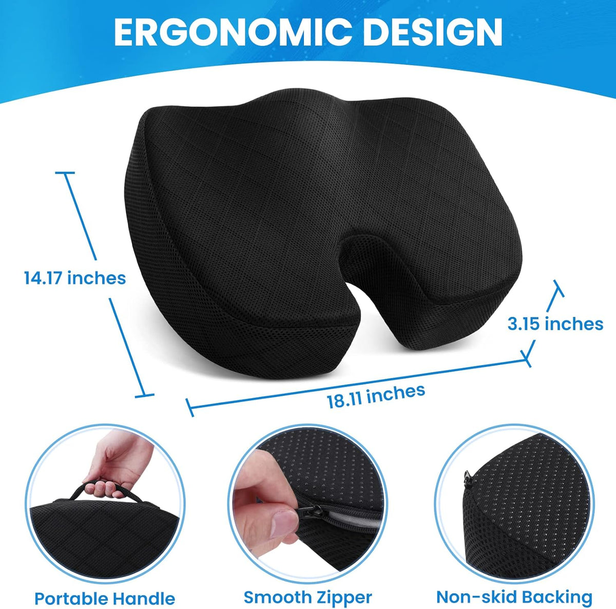 Office/ Car Seat Cushion, Non-Slip Sciatica & Back Coccyx Tailbone Pain Relief Chair Pad, Memory Foam Butt Pillow for Computer Desk, Wheelchair, Driving (Black)