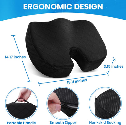 Office/ Car Seat Cushion, Non-Slip Sciatica & Back Coccyx Tailbone Pain Relief Chair Pad, Memory Foam Butt Pillow for Computer Desk, Wheelchair, Driving (Black)