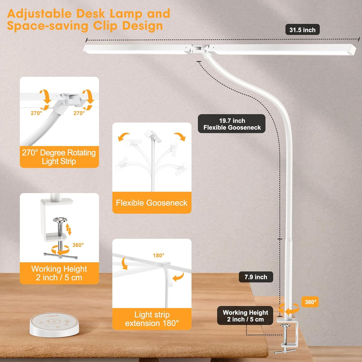 LED Desk Lamp with Clamp, Adjustable Swing Arm, 5 Color Temperatures, Wireless Remote — for Office, Study, Drafting