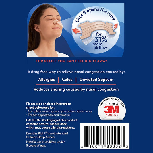 Nasal Strips, Extra Strength Tan Nose Strips, Drug-Free Nasal Congestion Relief for Better Breathing, Help Relieve Snoring, Caused by Colds & Allergies, Deviated Septum, 26Ct