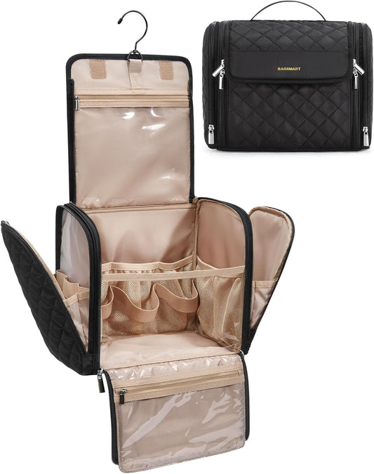 Makeup Bag for Women with Hanging Hook - Portable Cosmetic Case, Large Capacity Door Room Essentials Travel Organizer for Full Sized Cosmetics and Toiletries, Black