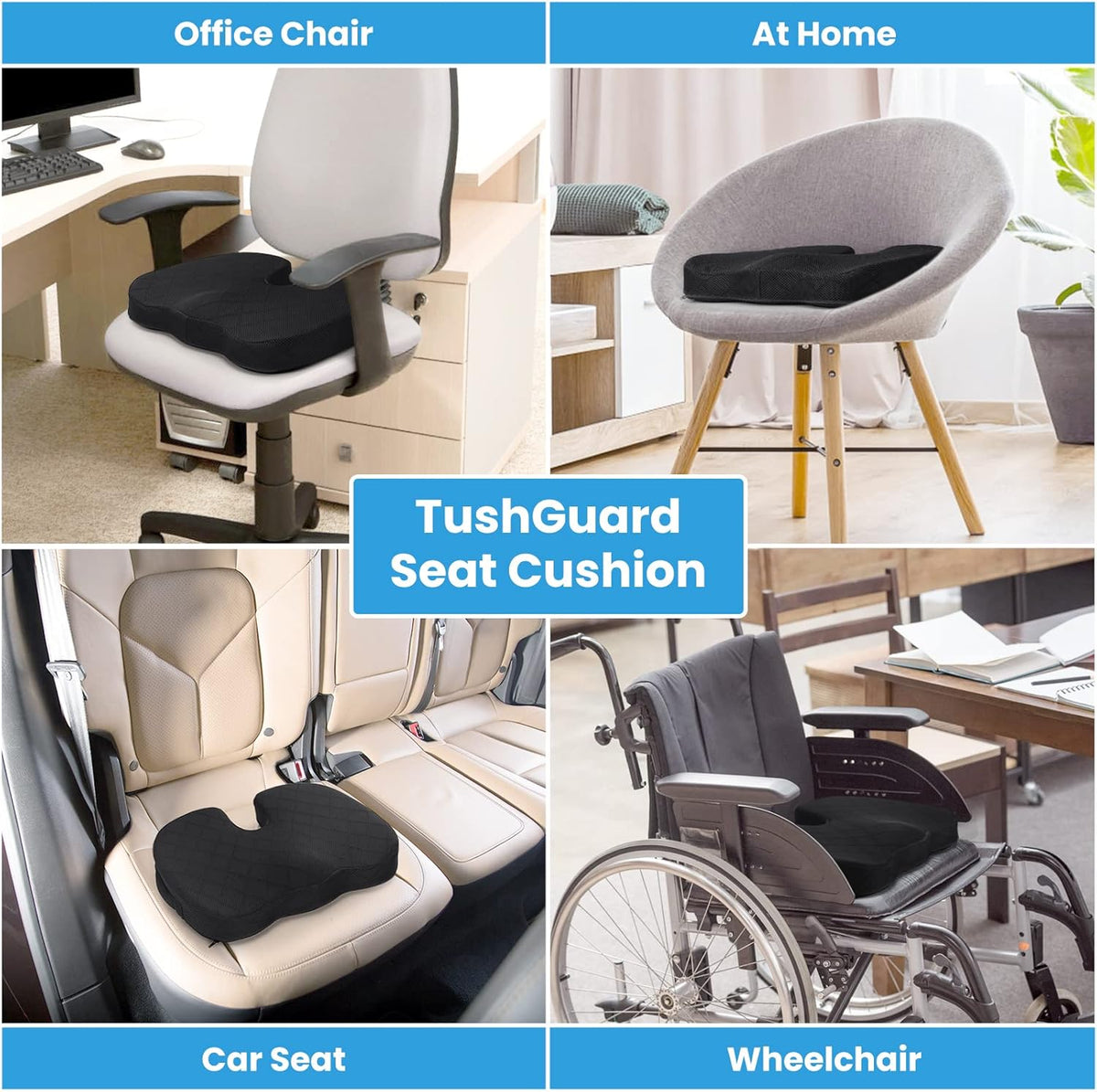 Office/ Car Seat Cushion, Non-Slip Sciatica & Back Coccyx Tailbone Pain Relief Chair Pad, Memory Foam Butt Pillow for Computer Desk, Wheelchair, Driving (Black)