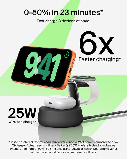 Magsafe Charger Compatible, 3-In-1 Charging Station, Qi2.2 25W W/Cooling Fan (On/Off Control) Magnetic Wireless Charger for Iphone 17, Apple Watch, Airpods, Pixel 10 (45W Adapter Included)
