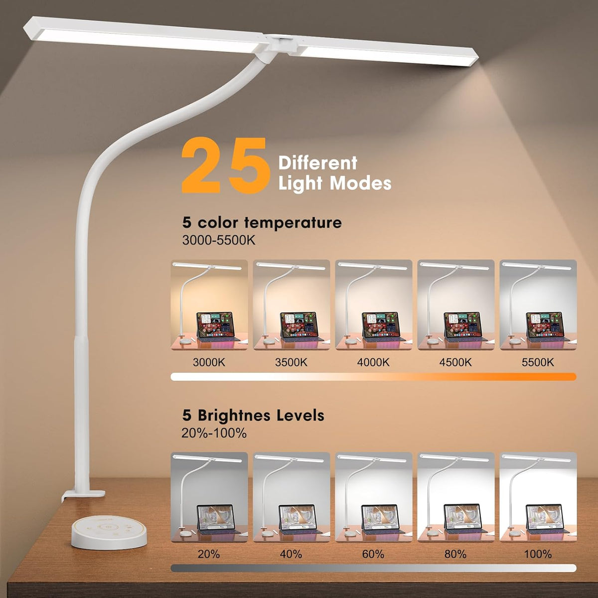 LED Desk Lamp with Clamp, Adjustable Swing Arm, 5 Color Temperatures, Wireless Remote — for Office, Study, Drafting