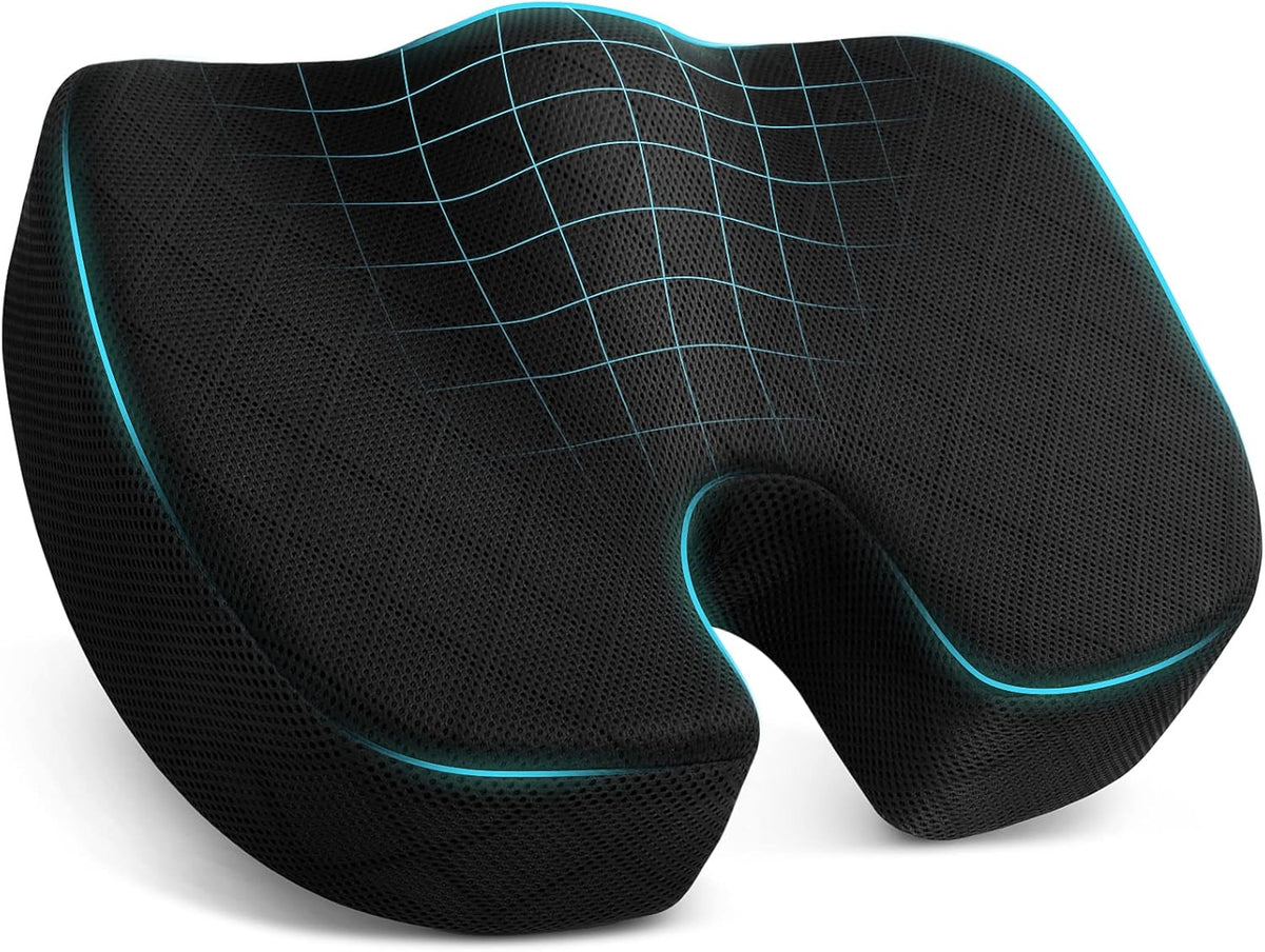 Office/ Car Seat Cushion, Non-Slip Sciatica & Back Coccyx Tailbone Pain Relief Chair Pad, Memory Foam Butt Pillow for Computer Desk, Wheelchair, Driving (Black)