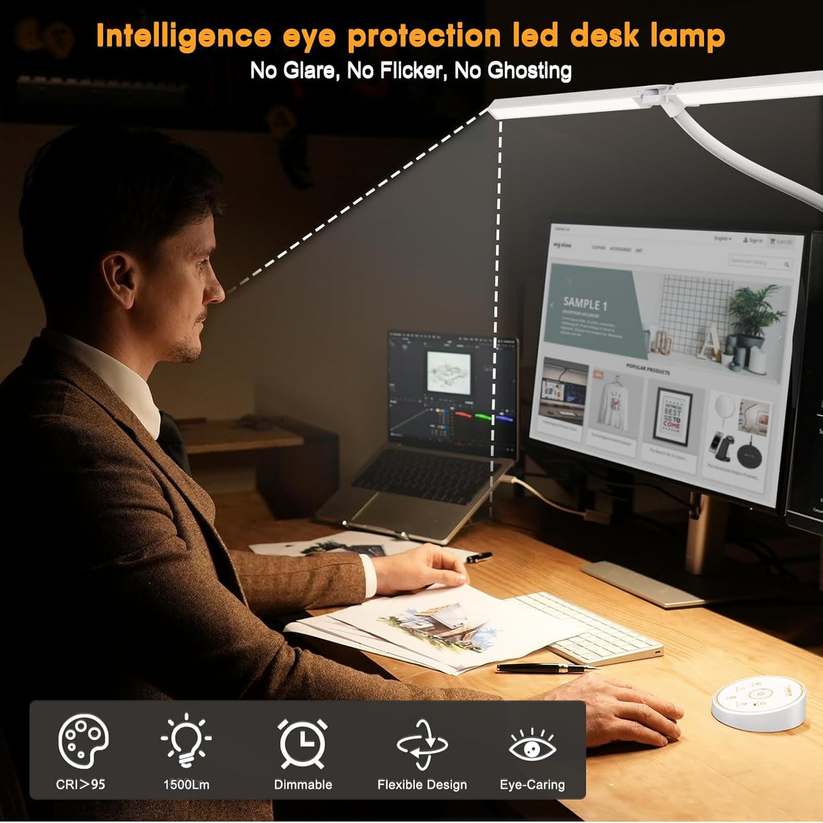 LED Desk Lamp with Clamp, Adjustable Swing Arm, 5 Color Temperatures, Wireless Remote — for Office, Study, Drafting