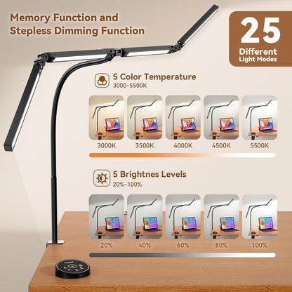 LED Desk Lamp with Clamp, Adjustable Swing Arm, 5 Color Temperatures, Wireless Remote — for Office, Study, Drafting