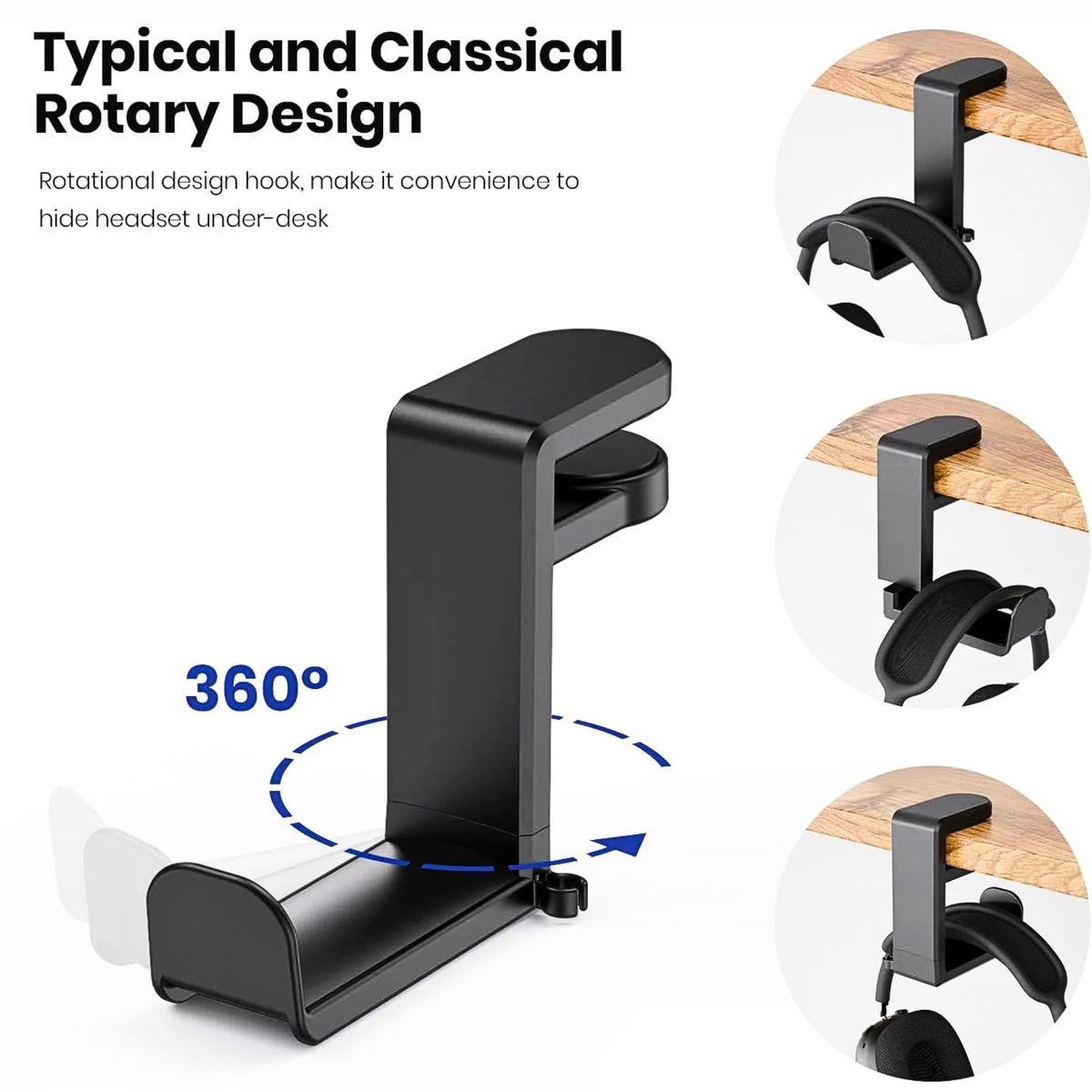 EURPMASK Under Desk 360 Degree Rotating Headphone Hanger