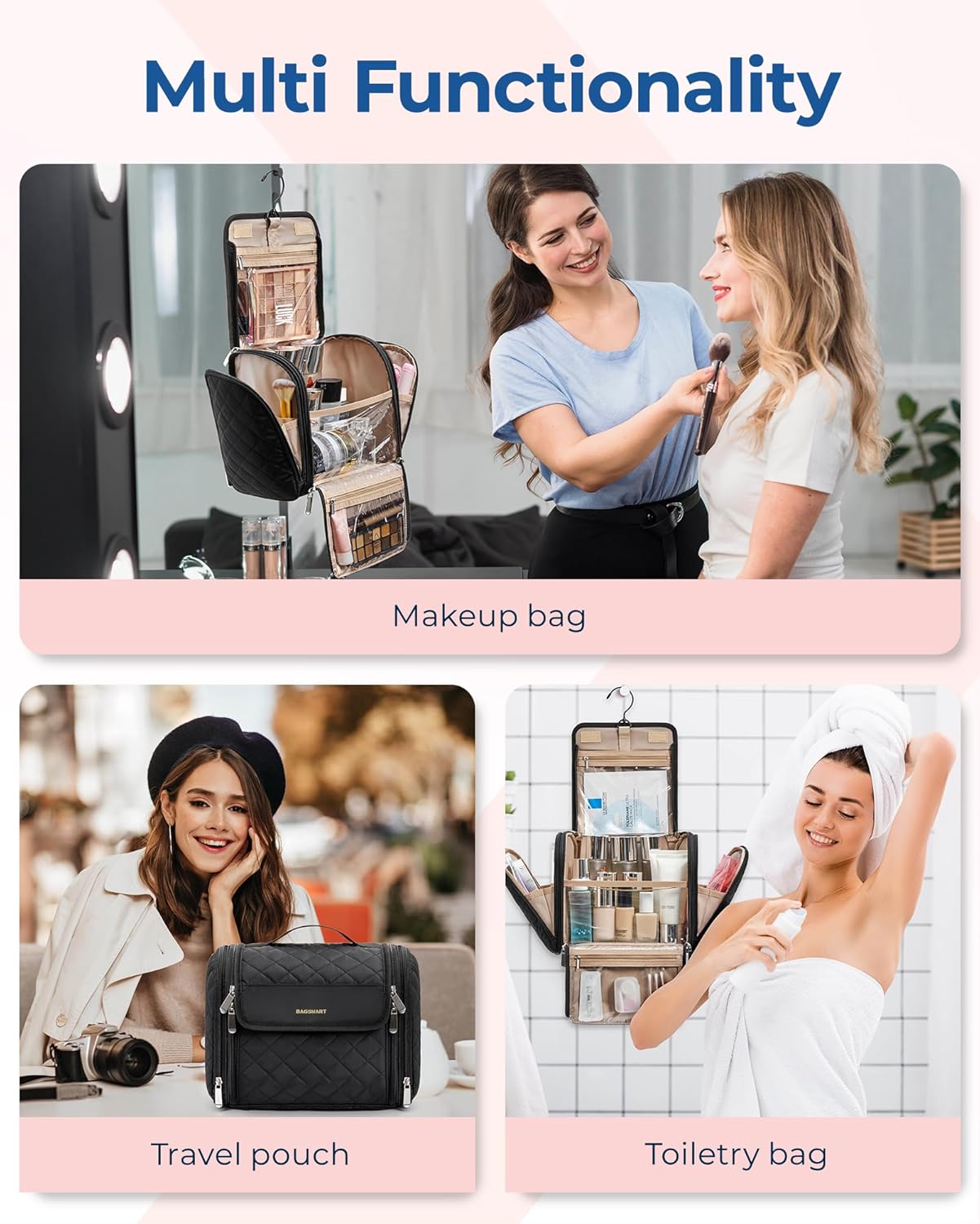 Makeup Bag for Women with Hanging Hook - Portable Cosmetic Case, Large Capacity Door Room Essentials Travel Organizer for Full Sized Cosmetics and Toiletries, Black