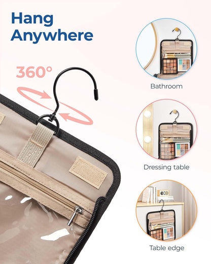 Makeup Bag for Women with Hanging Hook - Portable Cosmetic Case, Large Capacity Door Room Essentials Travel Organizer for Full Sized Cosmetics and Toiletries, Black