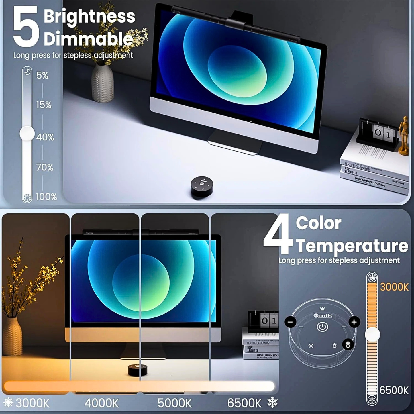 Quntis Computer Monitor Lamp, USB LED Monitor Light Bar with Auto-Dimming, Space-Saving Desk Lamp
