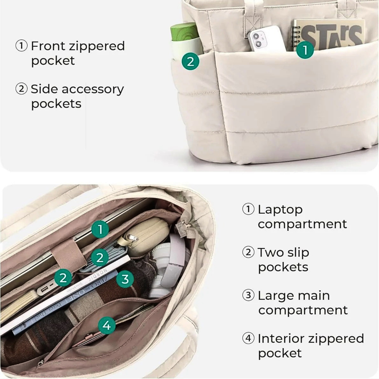 BAGSMART Lightweight Puffer Tote Bag with Zipper