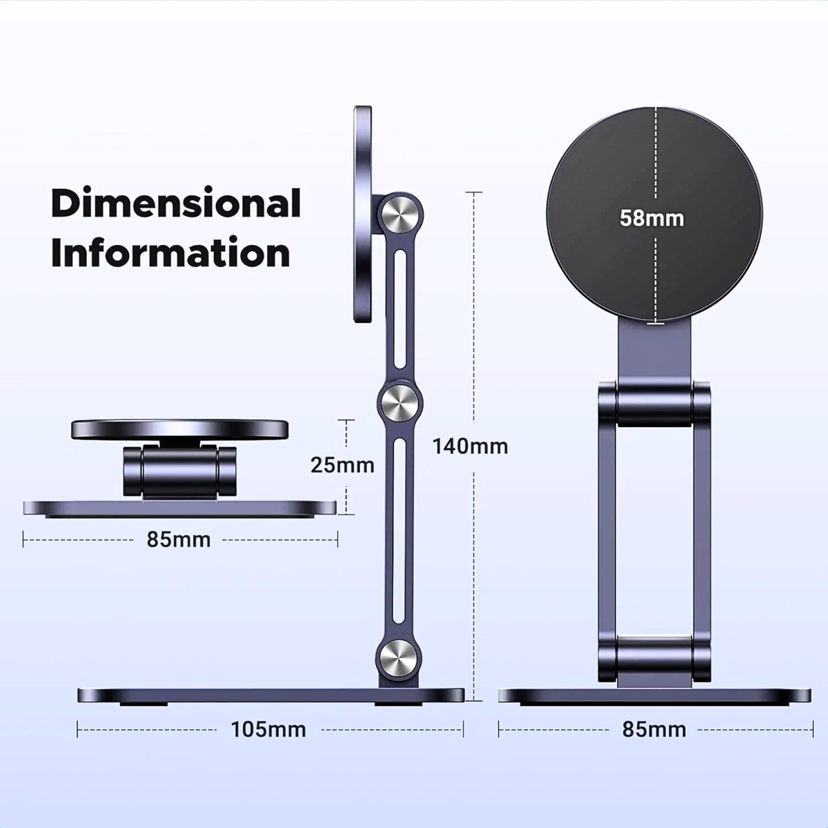 Dimensional information of a phone stand with measurements on a light purple background