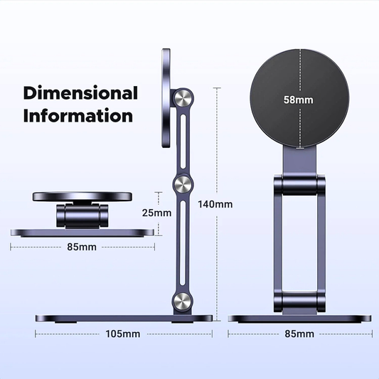 Dimensional information of a phone stand with measurements on a light purple background