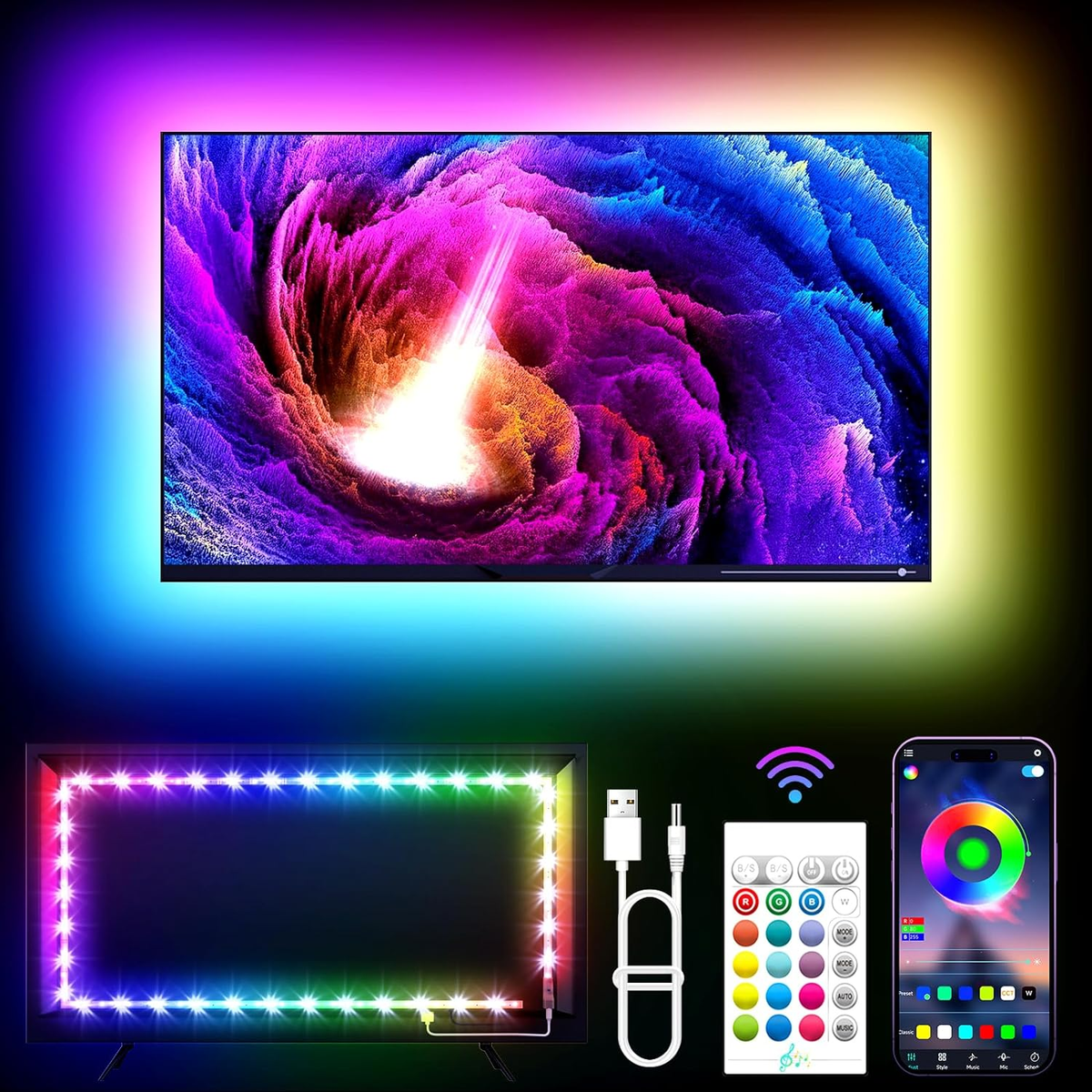 LED Lights for TV, 16.4Ft LED Lights for 45-75 Inch Tvs, RGB TV Backlight Behind, Music Sync Bluetooth APP & Remote Control Strip Lights USB Powered for Bedroom, Gaming, Home Décor