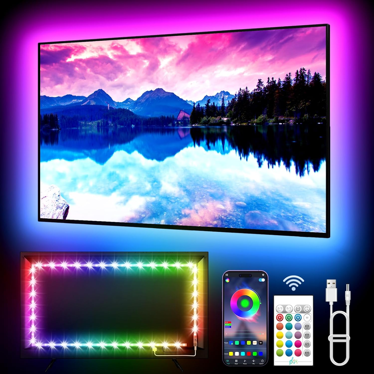 LED Lights for TV, 16.4Ft LED Lights for 45-75 Inch Tvs, RGB TV Backlight Behind, Music Sync Bluetooth APP & Remote Control Strip Lights USB Powered for Bedroom, Gaming, Home Décor