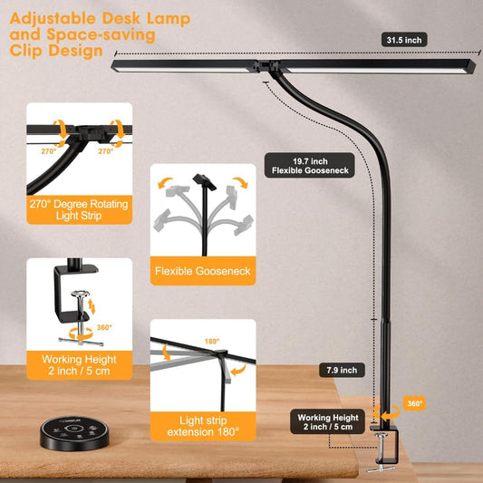 Led Desk Lamp for Office Home - Eye Caring Architect Lamp with Clamp,Dual Screen Computer Monitor Work Smart Light: 24W 5 Color Flexible Adjustable Lighting Table Lamp for Study Drafting