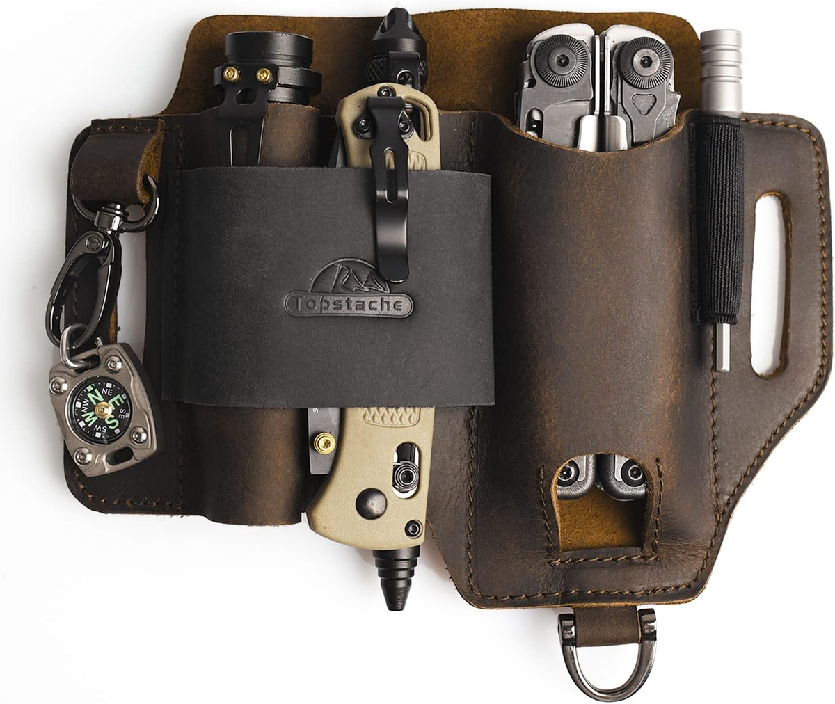 Leather Multitool Sheath,Edc Belt Organizer for Work and Daily Use,Leatherman Sheath,Edc Pocket Organizer for Flashlight and Multitool,Gifts for Men for Multitool,Darkbrown