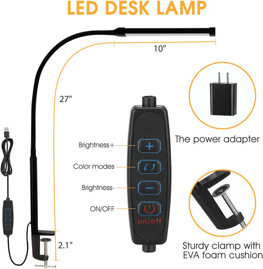 LED Desk Lamp with Clamp, Eye-Caring Clip on Lights for Home Office, 3 Modes 10 Brightness, Long Flexible Goose-Neck, Metal, Swing Arm Architect Task Table Lamps with USB Adapter, Black