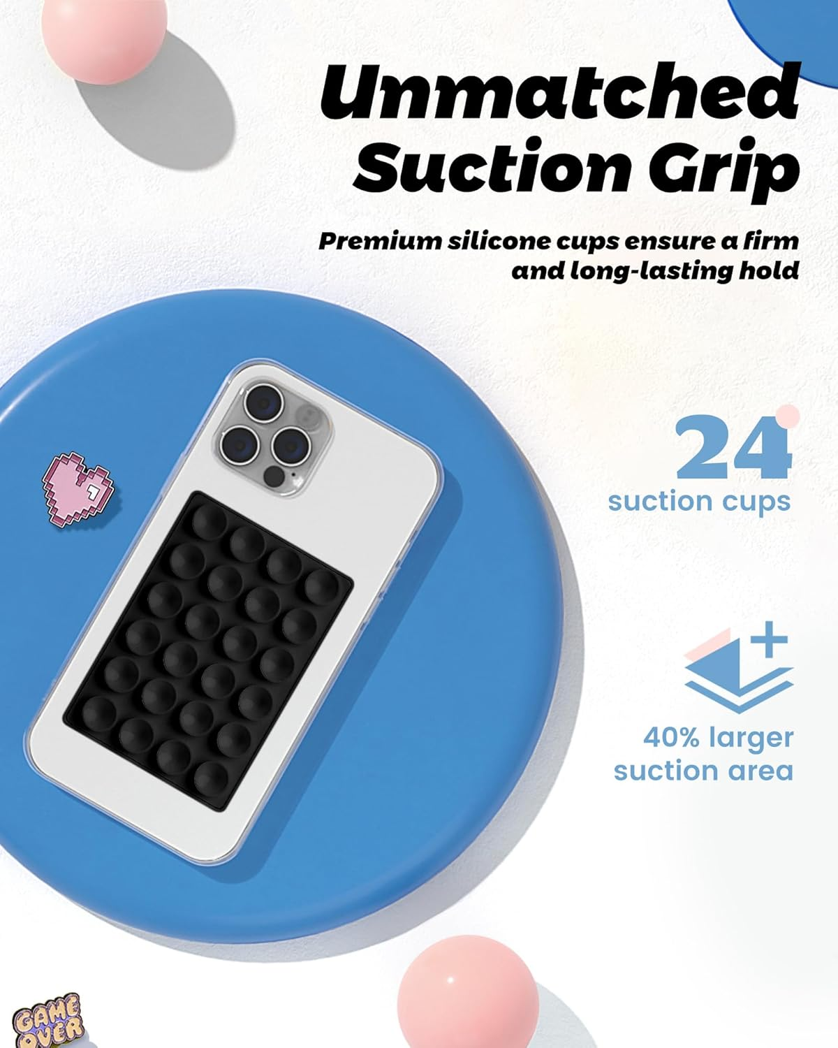 Magnetic Sticky Phone Suction Grip for Magsafe, Removable for Wireless Charging, Durable Magnet Silicone Portable Mount Stand for Iphone 12 13 14 15 16 17 Series, Hands-Free Video/Selfie, Black