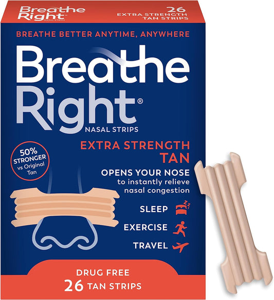 Nasal Strips, Extra Strength Tan Nose Strips, Drug-Free Nasal Congestion Relief for Better Breathing, Help Relieve Snoring, Caused by Colds & Allergies, Deviated Septum, 26Ct