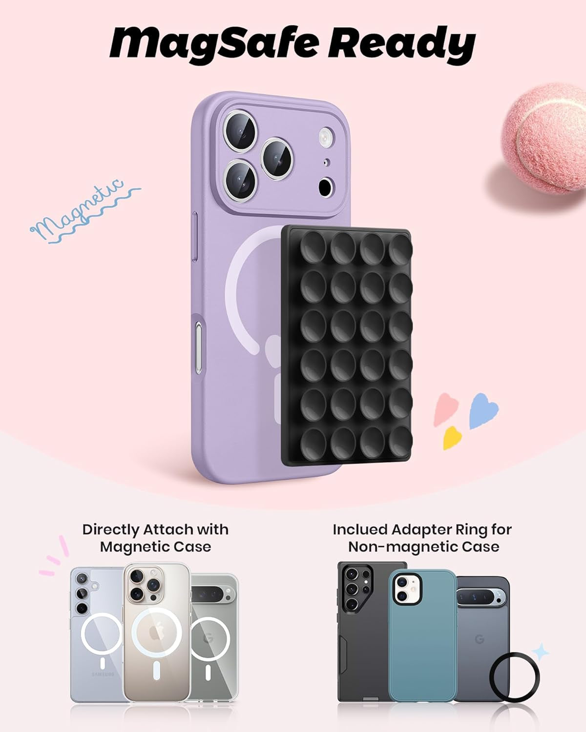 Magnetic Sticky Phone Suction Grip for Magsafe, Removable for Wireless Charging, Durable Magnet Silicone Portable Mount Stand for Iphone 12 13 14 15 16 17 Series, Hands-Free Video/Selfie, Black