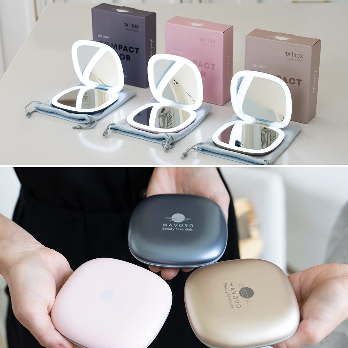 LED Lighted Travel Makeup Mirror | 1X/10X Magnification | Rechargeable USB-C | Pocket & Purse Portable Lighted Travel Makeup Compact Mirror, Touch Sensor (Heavenly Pink)